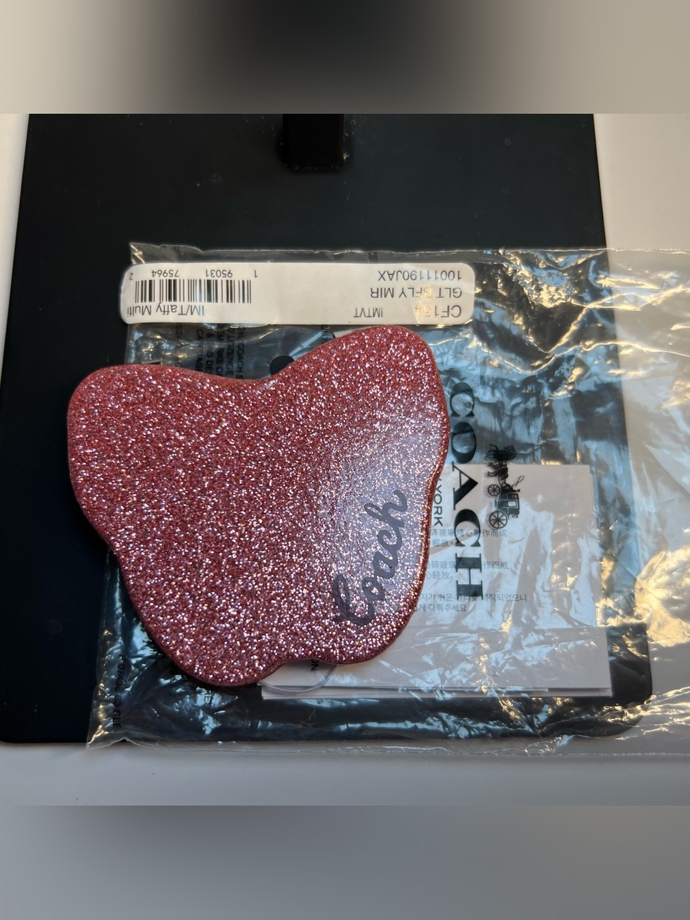 Coach Pink Glitter Butterfly Compact Mirror Case NWT